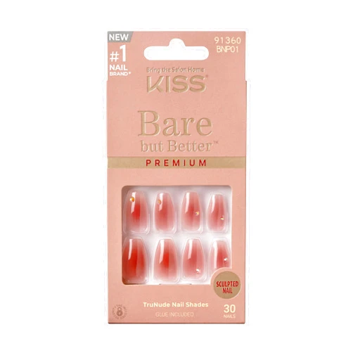 KISS Bare But Better, Press-On Nails, Nail glue included, Shine', Dark Pink, Medium Size, Coffin Shape, Includes 30 Nails, 2G Glue, 1 Manicure Stick, 1 Mini File