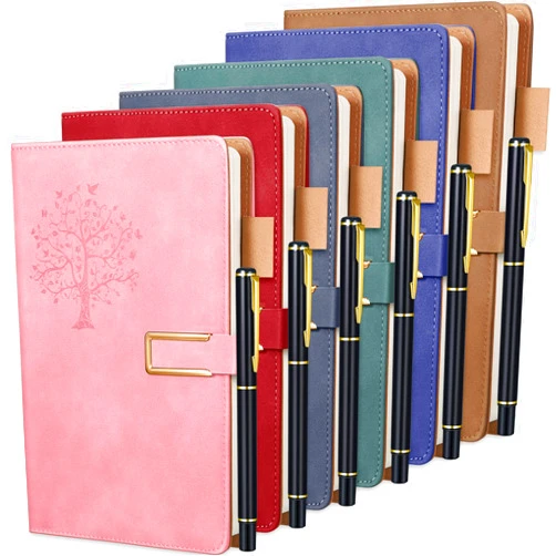 Xinnun 6 Set Leather Journal Writing Notebooks Life Tree Refillable Hardcover Notebook with Ballpoint Pens Travel Christmas Diary Journal Gift for Women Men A5 Lined Magnetic Notebook (Bright Color)