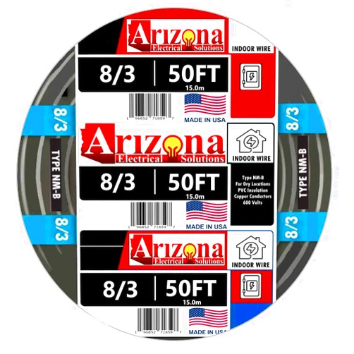 ARIZONA ELECTRICAL SOLUTIONS 50 FEET 8/3 Type NM-B Copper. #8 AWG, 3 Conductor with Ground. Insulated Jacket Black