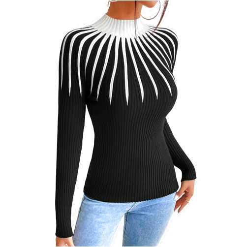 SOLY HUX Women's Color Block Mock Neck Sweater Long Sleeve Rib Knit Fitted Pullover Shirt Tops