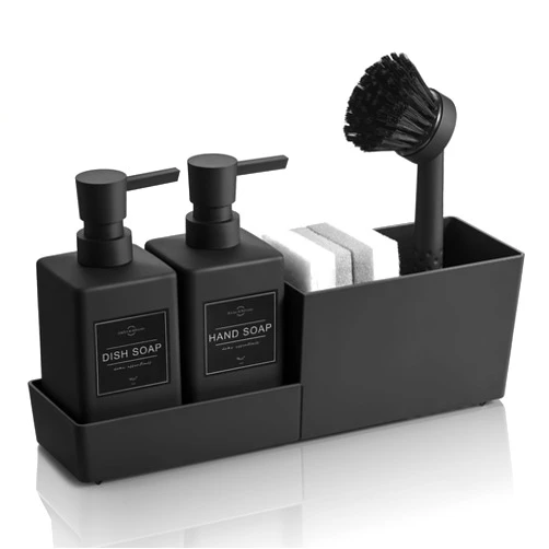 Zuxzmj Kitchen Soap Dispenser Set with Sponge Holder and Brush for Sink Rack Hand Soap and Dish Soap Dispensers Black 4-in-1