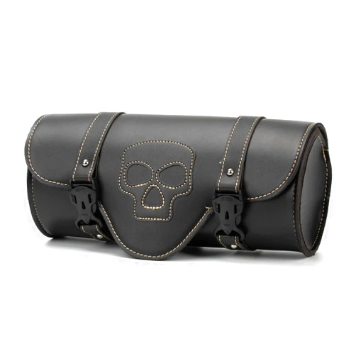 ELAINESTORE Motorcycle Tool Bag, Universal Motorcycle Handlebar Bag, Motorcycle Fork Bag PU Leather Black Roll Saddlebags, Waterproof Sissybar Storage Bag (Skull Pattern)
