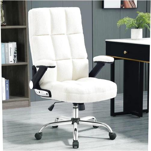 YAMASORO High Back White Teddy Velvet Office Chair Home Executive Desk Chairs with Wheels and Arms,Swivel Rocking Comfortable Ergonomic Computer Chair for Adults