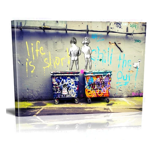 ATVLOO Framed Banksy Canvas Wall Art Life Is Short Pop Street Graffiti Wall Art Decor Cool Poster Paintings Colorful for Men Ready To Hang for Living Room Bedroom Home Bathroom Wall Decor 16x24in