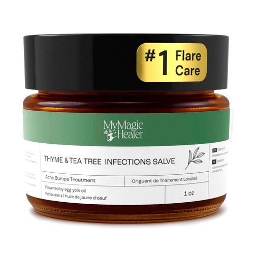 MyMagicHealer Thyme & Tea Tree Infections Salve | Flare Care for Painful Pimples | Cystic Acne | Ingrowns | Folliculitis | Groin Cyst | Staph Flare Ups | Razor Burns | Bartholin | Preventative Bump Treatment (1oz)