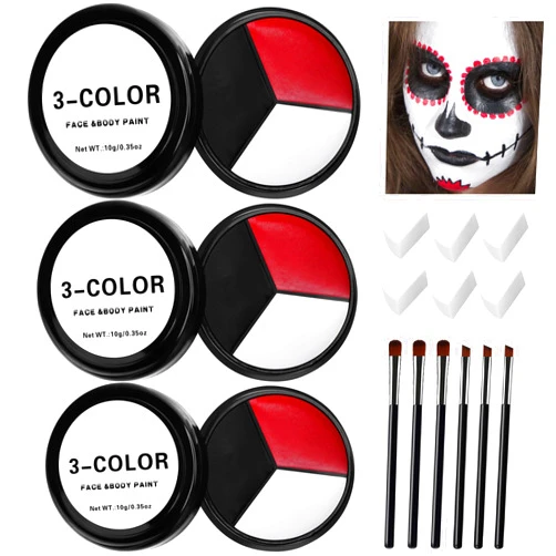 EBaokuup 3 Set Black White Red Face body Paint,3 Colors Clown Makeup Kit with Sponge and Brush,Joker Face Body Paint for Halloween Cosplay,Special Effect Makeup and Costume-Themed Party