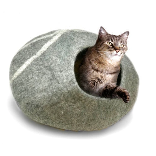 iPrimio 100% Natural Wool Eco-Friendly Cat & Kitten Cave Bed - Cozy House Indoor Bed for Cats & Kittens - Pet Felt Cat Cave, Cushion, Cove, Nest, Hideout, Hideaway, Tent, Tunnel Beds (Light Gray)