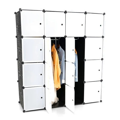 GOFLAME Portable Wardrobe Closet, 16-Cube Storage Organizer with 16 Doors & 2 Hanging Rods, Modular Clothes Dresser, Bedroom Armoire, Cube Shelf Cabinet for Clothes, Toys, Towels, Books, Tools