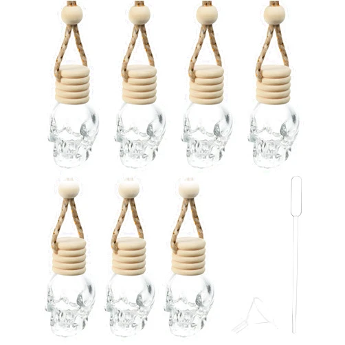 Bylikeho 7PCS Car Diffuser Bottle,Automotive Use Car Diffuser Car Hanging Glass Bottle,Car Accessories Car Decor Car Hanging Diffuser,Skull Glass Bottle Hanging Diffuser Bottle for Cars