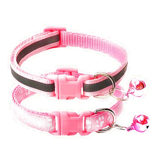 CHBORCHICEN 2-Pack Footprint & Reflective Dog Collar with Bell Basic Dog Collar Buckle Adjustable Polyester Dog Collar or Seatbelts (Small, Pink)