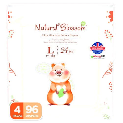 Natural Blossom Easy Pull-up Diaper Pants | Size (4) 2T-3T (20-31 lbs) | 96 Count (24ea*4packs) | Vegan - Super Soft - Hypoallergenic - Ultra-Slim