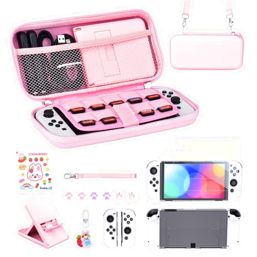 Younik Switch OLED Accessories Bundle, 17 in 1 Pink Switch Oled Accessories Kit for Girls Include Switch Carrying Case, Adjustable Stand, Protective Case for Switch Console & J-Con