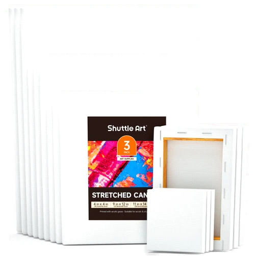 Shuttle Art Canvas for Painting, 15 Pack Multi-Size 4x4/5x7/8x10/9x12/11x14 Inch, Stretched Canvas, 100% Cotton, Primed White Blank Art Canvases, Ideal for Acrylic Oil Acrylic Pouring