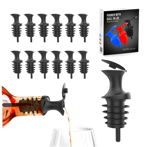 Esatto Pour and Seal, Plastic Bottle Pourers With Built In Lid – Easy and Precise Pouring, Lid for Storing and Healthy Practices, Professional Bar Tool, Pack of 12 Pieces Wine Stopper Pourer (Black)