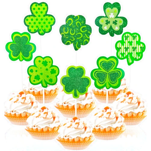Gistome 32 Pcs Shamrock Cupcake Toppers – St. Patrick’s Day Cake Decorations with Green Clover and Lucky Leaf Designs – Cupcake Picks for Irish Festival, Party, or School Celebration