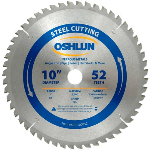 Oshlun SBF-100052 10-Inch 52 Tooth TCG Saw Blade with 1-Inch Arbor (5/8-Inch Bushing) for Mild Steel and Ferrous Metals