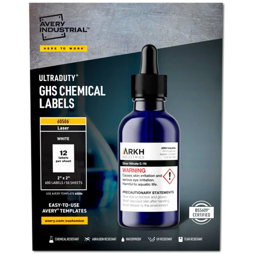 Avery UltraDuty GHS Chemical Labels for Laser Printers, Waterproof, UV Resistant, 2 x 2, 600 Pack (60506)