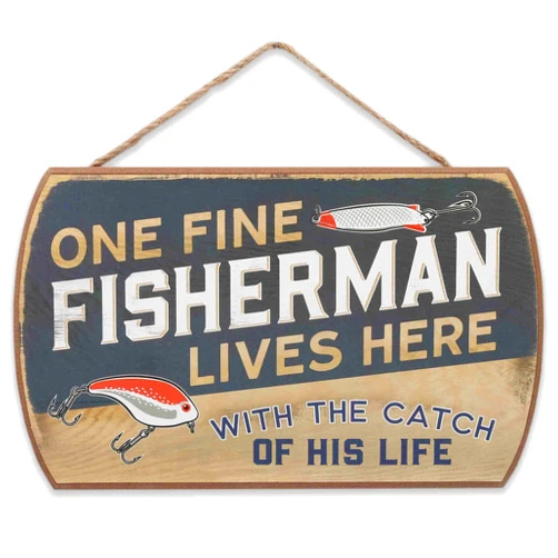 Open Road Brands One Fine Fisherman with the Catch of His Life Hanging Wood Wall Decor - Funny Fishing Sign for Lake House, Cabin or Man Cave