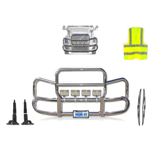 KOZAK Grille Deer Moose Brush Bumper Guard Herd 300 Compatible with Volvo VNL 300 400 740 760 860 2018-2022 Plus Brackets, 4X 6 LED Lights, License Plate Holder and Frame, Logo, 2X 22 Wipers, Vest