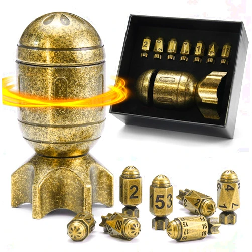 ZHOORQI DND Metal Dice Set with Spinning Missile Dice Container, Bullet Dice Cyberpunk Polyhedral Dice for Warhammer 40K, RPG, D&D Gifts（Retro Bronze）
