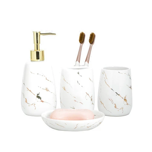ADAVAS.Y&G Ceramic Bathroom Accessory Set 4 Pieces White with Gold Marble Design Soap Dispenser Set Morden Toothbrush Holder Set Bathroom Counter top Sink Gift and Decor (White Marble Gold)