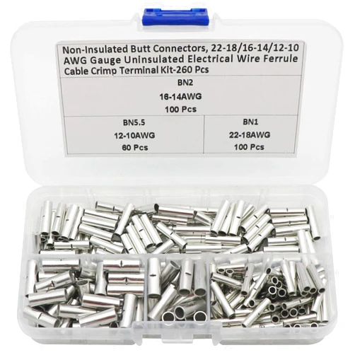 Zovfam 260 Pcs Non Insulated Butt Connectors 22-18/16-14/12-10 AWG Gauge Uninsulated Electrical Wire Ferrules Cable Crimp Terminal Kit for Electrical Splice DIY