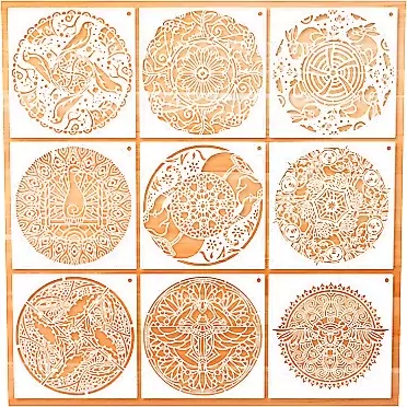 Brynnl 9 Pack 12x12 Inch Mandala Stencil, 9 Types of Animals Stencils, Reusable Stencil Mandala Stencil Painting Template for Floor Wall Tile Fabric Furniture Painting Stencil