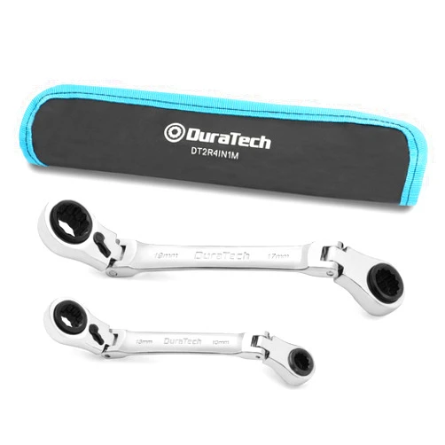 DURATECH 4-in-1 Flex-Head Reversible Ratcheting Box Wrench Set, Metric, 2-Piece, 8mm to 19mm, 12 Point, CR-V Steel, with Rolling Pouch