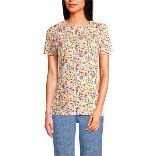 Lands' End Women s SS Relaxed Supima Crew Neck T Shirt Sweet Mango Multi Floral Regular Large