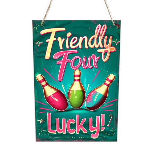 CDSASHCA Bowling alley decor 'Friendly Four Lucky' Logo bowling pins wooden board painting,Home Living room,Game room,Bedroom Wall Hanging decor Wood Signs Plaque,bowling pins decor Poster 6x12 inch