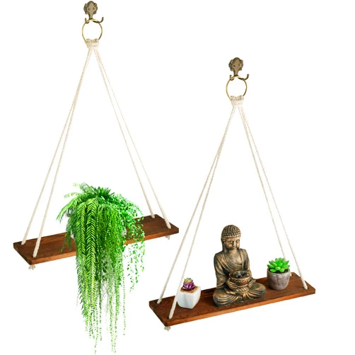 BÖNSTOFF t of 2 Rope Shelves for Wall Hanging Shelf - Room Decor - House Decor - Rope Shelf | 2 Vintage Decor Hooks 2 Big Brass Rings Rope Hanging Shelves for Wall (Torched Rustic Brown)