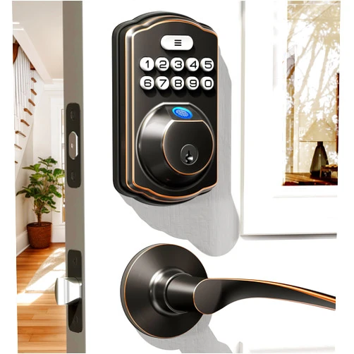 Veise Fingerprint Door Lock with 2 Lever Handles - Keyless Entry Door Lock, Electronic Keypad Deadbolt & Front Door Lock Handle Sets, Auto Lock, Easy Installation, Oil Rubbed Bronze