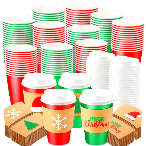 Ziliny 48 12 oz Christmas Cups with Lids and Coffee Cup Sleeves Bulk Red Green Disposable Christmas Paper Coffee Cups for Beverage Chocolate Tea Cocoa Xmas Holiday Table Decorations Party Favors