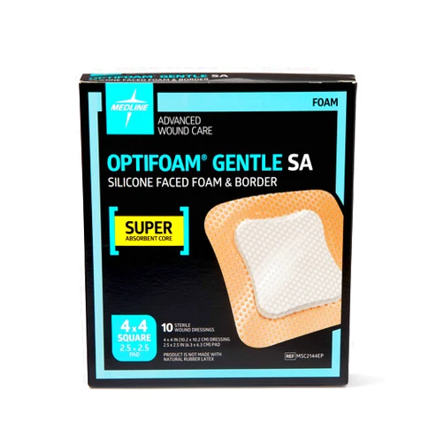Medline Optifoam Gentle Silicone Faced Foam Dressing, Super Absorbent, 4x4 (Pack of 10)