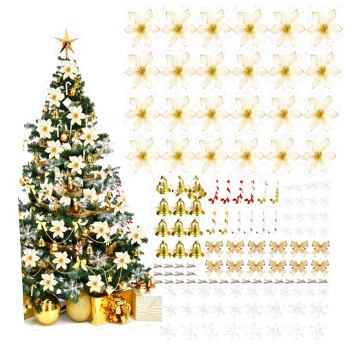Quenny 120 pcs Christmas Flower Set Christmas Tree Decoration Pendant Plastic Flowers Artificial Flowers(Gold)