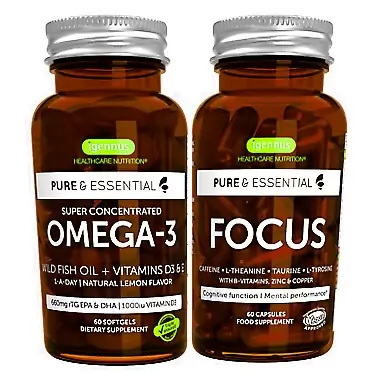 Igennus Healthcare Nutrition Omega-3 & Vitamin D3 1000iu + Focus Brain Booster Bundle, Fast-Acting 1-a-Day EPA & DHA rTG Wild Fish Oil + Caffeine, L-Theanine, Taurine & L-Tyrosine, B-Vitamins, Zinc & Copper, by Igennus