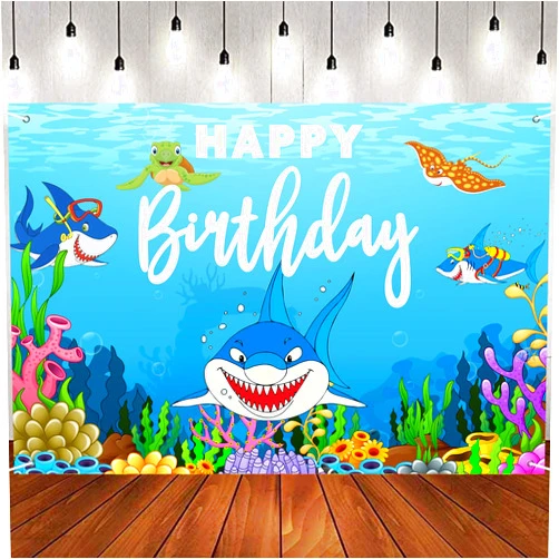 INNORU Shark Birthday Backdrop Banner, Ocean World Kids Birthday Party Photography Backdrop Poster, Cartoon Shark Under The Sea Baby Shower Birthday Party Decorations Photo Booth Props 6x4ft