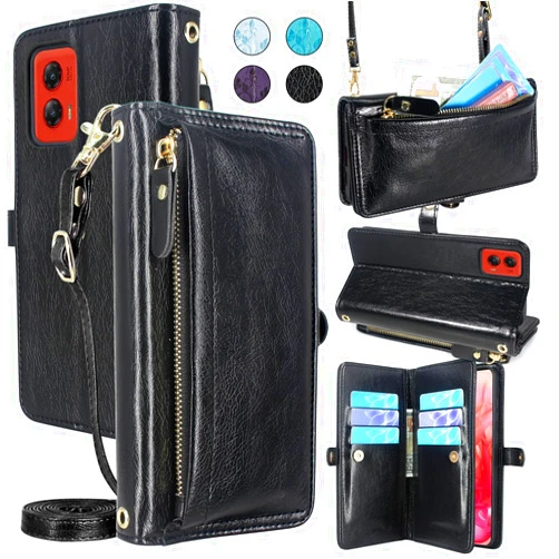 Lacass for Motorola Moto G Stylus 5G 2024 Case Wallet, [Cards Theft Scan Protection] Card Holder Zipper Leather Flip Cover Crossbody Wrist Strap with Stand(Black)