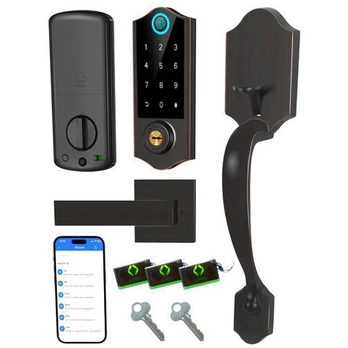 Harfo Fingerprint Smart Door Lock for Front Door with Handle Set, App Control, Keyless Entry Keyless Deadbolt, Digital Electronic Touchscreen Keypad, Auto Lock, Easy to Install, Aged Bronze