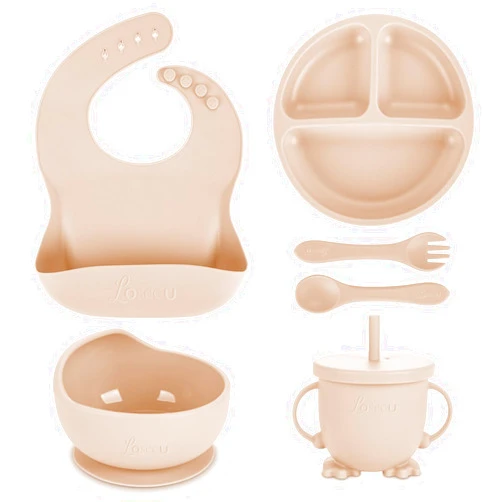Losecu Silicone Baby Feeding Set|Baby Led Weaning Supplies Set|Suction Baby Plate Bowl Set with Bib Spoon Fork Sippy Cup|Baby Feeding Eating Supplies Set BPA Free