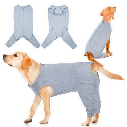 IDOMIK Dog Recovery Suit,Dog Leg Sleeve to Stop Licking Rear Legs,Thigh Wound Protective Sleeve,Male Female Pet Surgical Clothes,Doggy Surgical Suit with Pants Cover,Cone Collar Alternative,Grey,M