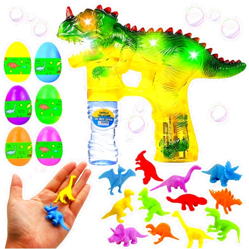 Haktoys Dinosaur Bubble Gun Toy with Pre-Filled Easter Eggs (Mini Dinosaur Toys Inside), Easter Basket Stuffers for Kids, Bubble Maker for Toddlers Boys Girls
