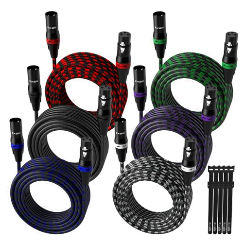 Kxable XLR Microphone Cable 10 Feet (6 Pack, Multi Colored), 3 Pin Shielded Balanced Male to Female Mic Patch Cord, Nylon Braided, Zinc Alloy Shells, OFC, for Amplifier, Speaker, Mixer with 10 Cable Ties