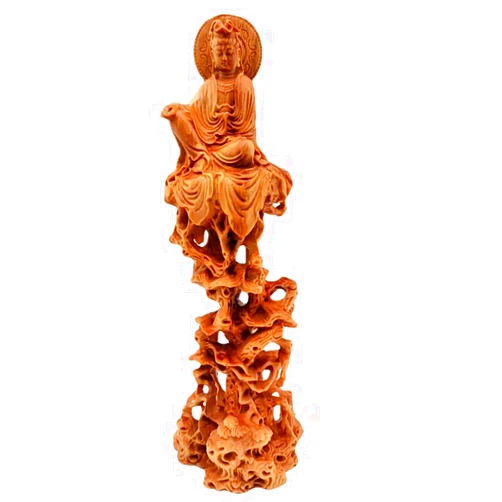 Qeyize Wood Carving Guanyin Buddha Decorative Statue Wooden Tree Vine Art Carving Home Decorative Figures Feng Shui Statue