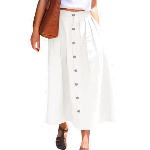chouyatou Women's High Waisted Button Front Skirt A-Line Pleated Cotton Midi Long Skirt with Pockets
