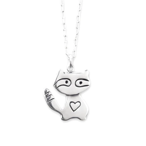 Mark Poulin Sterling Silver Raccoon Charm Necklace on Adjustable Sterling Silver Chain 925 for Women and Girls - Racoon Jewelry