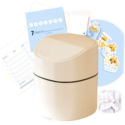 Sheebo Modern Plastic 2 Liter Mini Trash Can with Lid Wastebasket for Office Desk, Bathroom Vanity, Desktop, Coffee Table - 2 Liter Mini Desk Can with Productivity Pack (Square Swing - Beige)