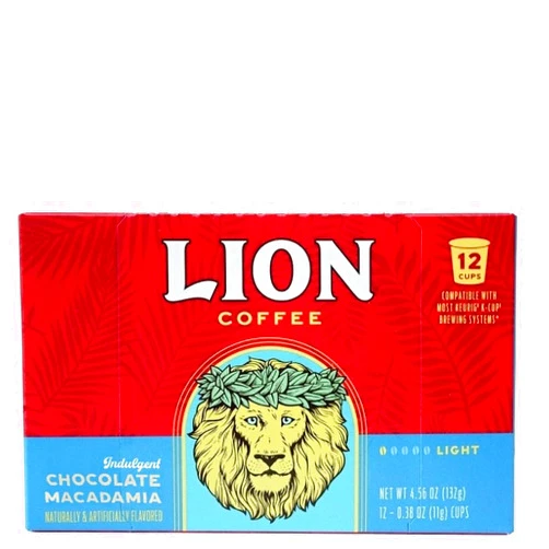 Lion Coffee Chocolate Macadamia Flavored Medium Roast Coffee, Single-Serve Coffee Pods, Compatible with Keurig® Brewers, Hawaiian Inspired Taste - (12 Count Box)