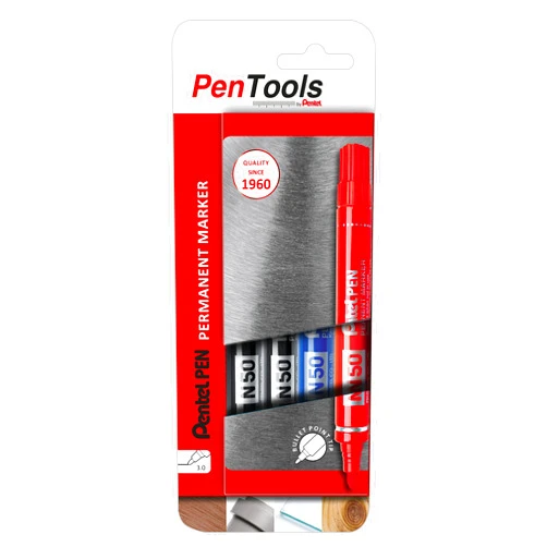 PenTools by Pentel N50 Permanent Marker - Heavy Duty Bullet Tip (3.0mm Line) for Permanent Marking - Pack of 4 - Assorted Colours