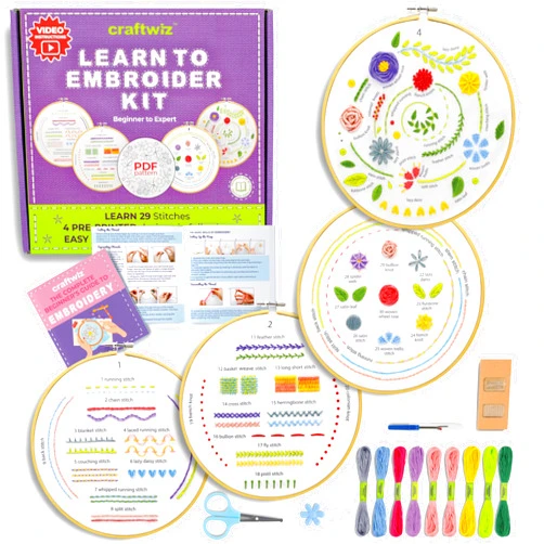 Craftwiz 4 Set Starter Embroidery Kit for Beginners Adults and Teens with Simple Embroidery Patterns, Beginner Embroidery Kit for Adults, Learn to Embroider 29 Stitches with Hand Embroidery Kit